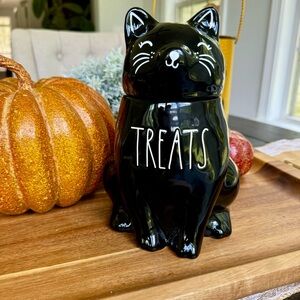 SOLD - Rae Dunn Halloween Black Cat Cookie Jar - “Treats”